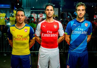 Mikel Arteta, Santi Cazorla and Mathieu Flamini present the new Arsenal kits