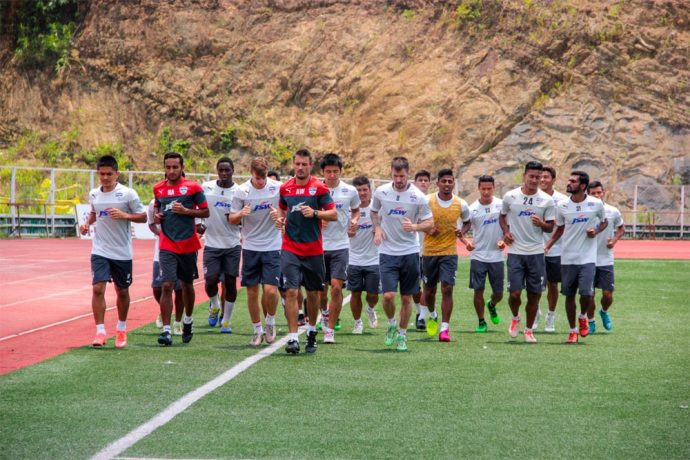 Bengaluru FC players train at the Rajiv Gandhi Stadium, in Aizawl, on Friday, on the eve of their Federation Cup opener against Aizawl FC.