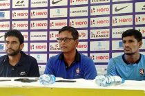 Khalid Jamil, Derrick Pereira and Subrata Paul during the pre-match press conference.