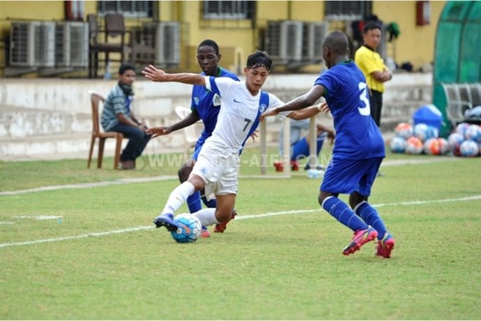 The India U-16 team in action against Tanzania U-17 during the AIFF Youth Cup.