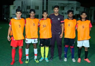 Abhishek Yadav with the five shortlisted boys from the SAI–AIFF Overseas Scouting Project (OSP) trials in Dubai.