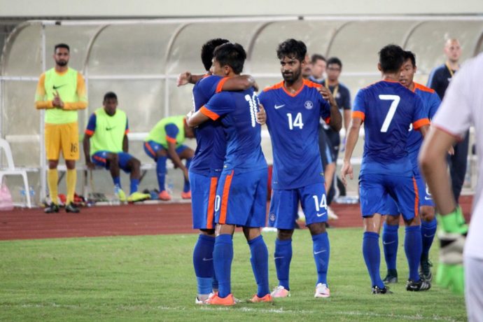 Indian players celebrating during the AFC Asian Cup 2019 play-off first-leg Laos v India.