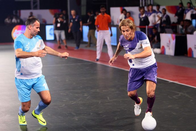 Michel Salgado and Ryan Giggs in action in the Premier Futsal league in India