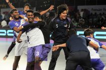 Players of the Kochi 5s celebrating in the Premier Futsal league.
