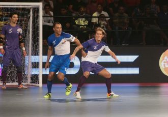 Cafu (Goa) and Michel Salgado (Kochi) in action during the Premier Futsal league in India.