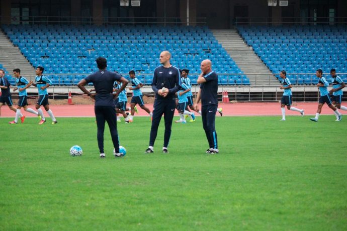 The Indian national football team coaching staff.