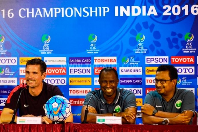 India U-16 coach Nicolai Adam (left) and Saudi Arabia U-16 coach Mohammed Abdullah Al Abdali (center).