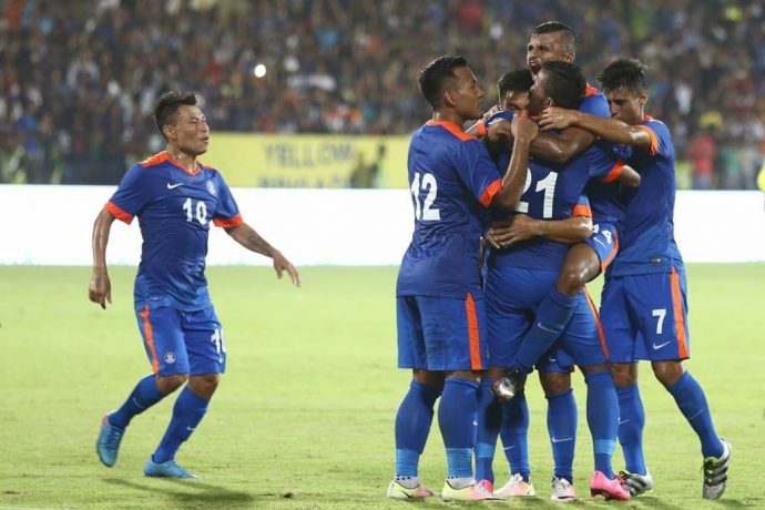 Indian national team players celebrating one of the goals during the 4-1 win against Puerto Rico. (Photo courtesy: AIFF Media)