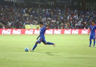 India striker Sunil Chhetri in action against Puerto Rico. (Photo courtesy: AIFF Media)