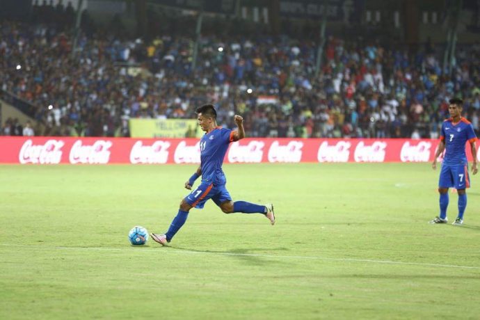 India striker Sunil Chhetri in action against Puerto Rico. (Photo courtesy: AIFF Media)