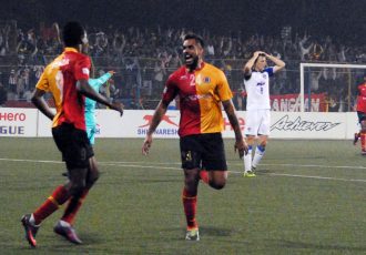 East Bengal striker Robin Singh celebrates his goal. (Photo courtesy: I-League Media)