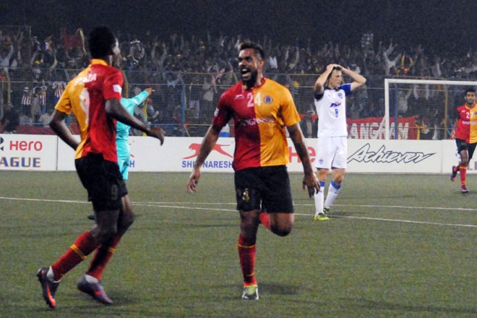 East Bengal striker Robin Singh celebrates his goal. (Photo courtesy: I-League Media)