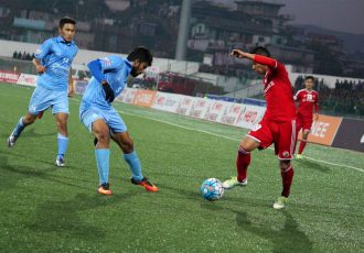 Match action during the I-League encounter Shillong Lajong FC v Churchill Brothers SC. (Photo courtesy: I-League Media)