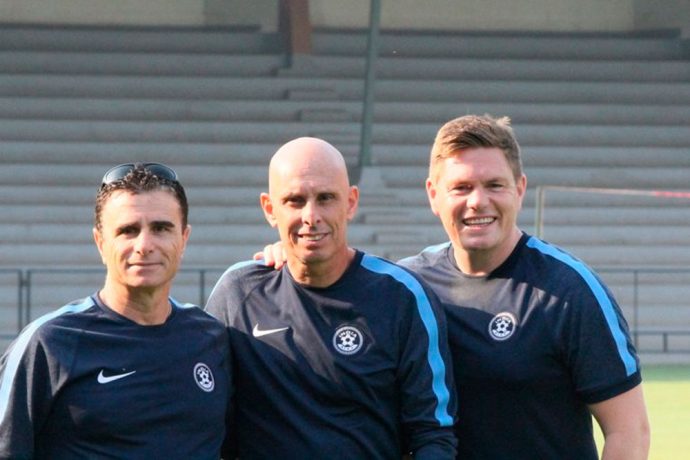 Indian national team head coach Stephen Constantine with Nicos Zenious (left) and Nicholas de-Long (right). (Photo courtesy: AIFF Media)