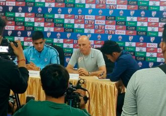 India goalkeeper Gurpreet Singh Sandhu and head coach Stephen Constantine at the pre-match press conference in Cambodia (Photo courtesy: AIFF Media)
