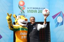 Kheleo, the Official Mascot of the 2017 FIFA U-17 World Cup India 2017, and Praful Patel, President, All India Football Federation (Photo courtesy: AIFF Media)