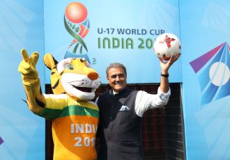 Kheleo, the Official Mascot of the 2017 FIFA U-17 World Cup India 2017, and Praful Patel, President, All India Football Federation (Photo courtesy: AIFF Media)