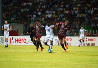 Bengaluru FC's Alwyn George fights for the ball against Mohun Bagan AC at the Rabindra Sarobar Stadium, in Kolkata (Photo courtesy: Bengaluru FC)