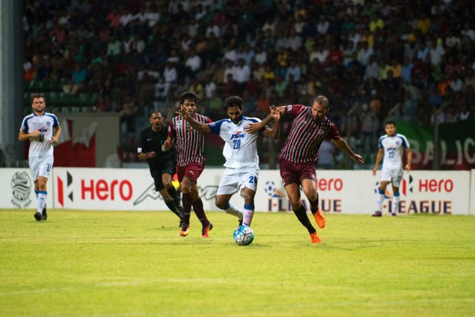 Bengaluru FC's Alwyn George fights for the ball against Mohun Bagan AC at the Rabindra Sarobar Stadium, in Kolkata (Photo courtesy: Bengaluru FC)