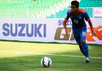 Bikash Jairu in action for the Indian national team (Photo courtesy: AIFF Media)
