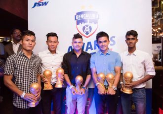 Awardees of the Bengaluru FC Awards Night (left to right): Lalrinzuala Lalbiaknia, Udanta Singh, Nishu Kumar, Sunil Chhetri and Nihal Iqbal (Photo courtesy: Bengaluru FC)