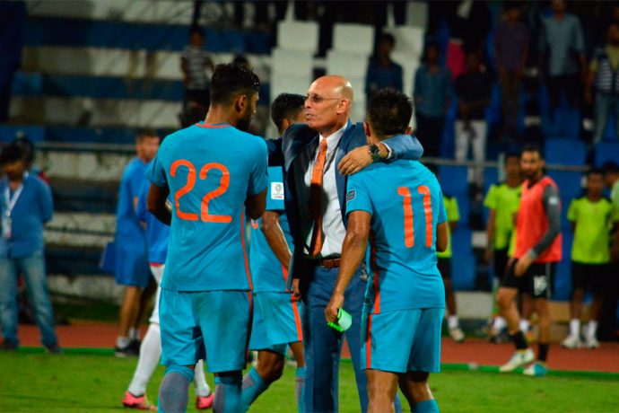 Indian national team coach Stephen Constantine celebrating with his players (Photo courtesy: AIFF Media)