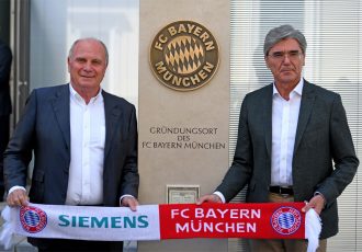 The birthplace of success: In 1900, the FC Bayern Munich club was founded in the former Café Gisela, which was located at a corner on Kardinal-Döpfner-Strasse in Munich – at the current location of Siemens Headquarters. To commemorate the place of origin for this club, which holds the record for the most championships in Germany's top professional football league, Joe Kaeser and Uli Hoenes jointly unveiled a stele that marks this historic site. (Photo courtesy: Siemens AG, Munich/Berlin, www.siemens.com/press)