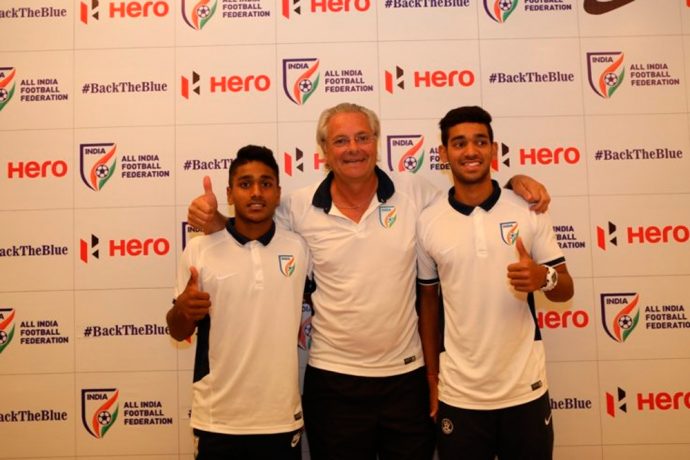India U-17 players Shubham Sarangi and Rahul KP with head coach Luís Norton de Matos (Photo courtesy: AIFF Media)