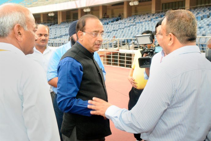The Minister of State for Youth Affairs and Sports (I/C), Water Resources, River Development and Ganga Rejuvenation, Shri Vijay Goel visiting the Jawaharlal Nehru Stadium in connection with FIFA U-17 World Cup, in New Delhi on July 5, 2017. (Photo courtesy: Press Information Bureau, Government of India)