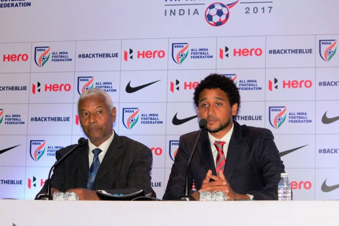 Mauritius coach Francisco Filho (left) during the pre-match press conference (Photo courtesy: AIFF Media)