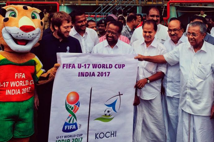 Kerala CM Pinarayi Vijayan launches Kochi Host City Logo for FIFA U-17 World Cup India 2017. (Photo courtesy: FIFA U-17 World Cup India 2017 LOC)