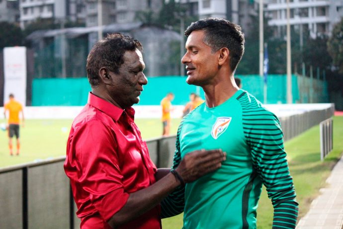 Indian football legend IM Vijayan and Indian national team goalkeeper Subrata Paul. (Photo courtesy: AIFF Media)