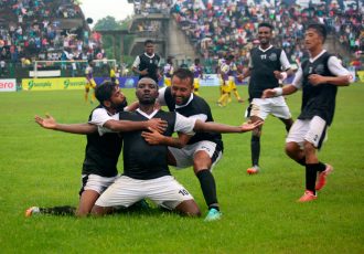 Mohammedan Sporting's Aser Pierrick Dipanda Dicka and his team mates celebrating a goal (Photo courtesy: Mohammedan Sporting Club)