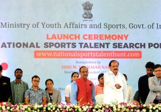 The Vice President, Shri M. Venkaiah Naidu launching the National Sports Talent Search Portal, an initiative of the Union Ministry of Youth Affairs and Sports, in New Delhi on August 28, 2017. The Minister of State for Youth Affairs and Sports (I/C), Water Resources, River Development and Ganga Rejuvenation, Shri Vijay Goel, the Secretary, (Sports), Shri Injeti Srinivas and other dignitaries are also seen. (Photo courtesy: Press Information Bureau, Government of India)