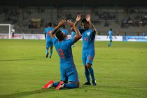 Robin Singh and Jackichand Singh celebrating India's first goal against Mauritius. (Photo courtesy: AIFF Media)
