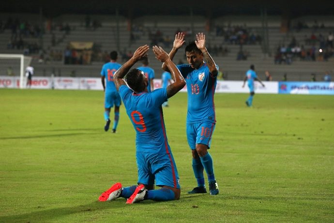 Robin Singh and Jackichand Singh celebrating India's first goal against Mauritius. (Photo courtesy: AIFF Media)