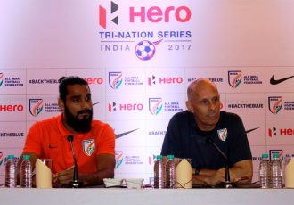 Sandesh Jhingan and Stephen Constantine during the Indian national team press conference (Photo courtesy: AIFF Media)