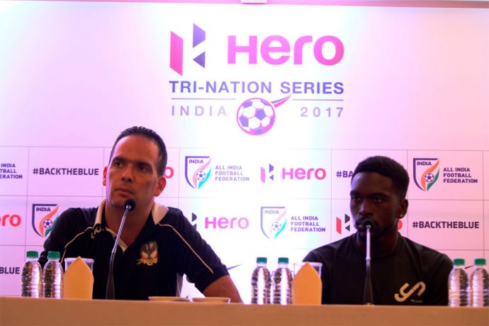St. Kitts and Nevis coach Jacques Passy and one of his players (Photo courtesy: AIFF Media)