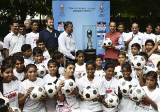 The Minister of State for Youth Affairs and Sports (I/C), Water Resources, River Development and Ganga Rejuvenation, Shri Vijay Goel received the FIFA U 17 World Cup trophy before its Journey to other venues of FIFA World Cup, in New Delhi on August 25, 2017. (Photo courtesy: Press Information Bureau, Government of India)