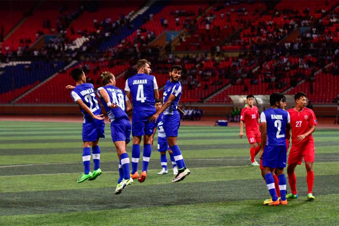 Bengaluru FC players in action against 4.25 SC at the May Day Stadium, in Pyongyang. (Photo courtesy: Bengaluru FC)