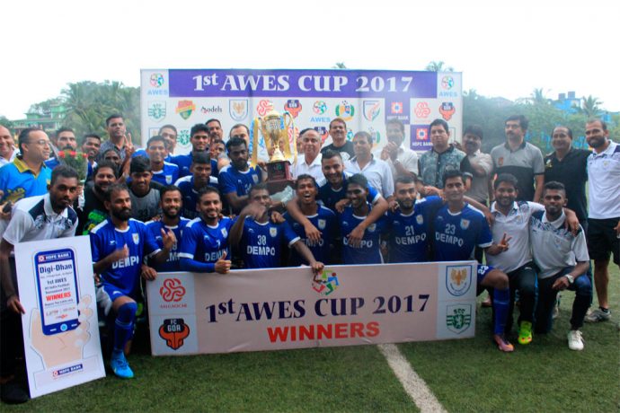 Dempo Sports Club pose with the AWES Cup alongside sports minister Manohar Azgaonkar, AWES president Avertano Furtado and Dempo SC chairman Shrinivas Dempo. (Photo courtesy: AWES)