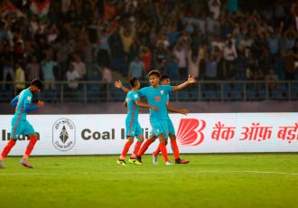 India's first ever goalscorer in a FIFA World Cup, Jeakson Singh Thounaojam, celebrating his goal against Colombia in the FIFA U-17 World Cup India 2017. (Photo courtesy: AIFF Media)
