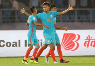 India's first ever goalscorer in a FIFA World Cup, Jeakson Singh Thounaojam, celebrating his goal against Colombia in the FIFA U-17 World Cup India 2017. (Photo courtesy: AIFF Media)