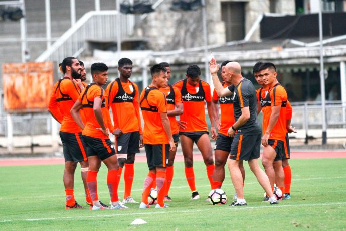 Stephen Constantine and the Indian national team during a practise session (Photo courtesy: AIFF Media)