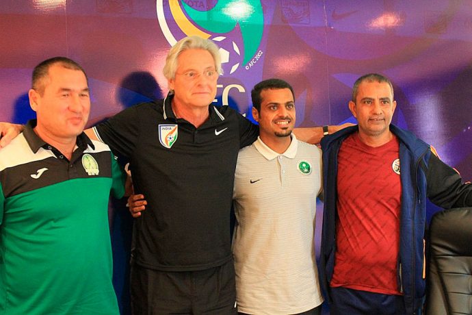 Head coaches of the AFC U-19 Championship Qualifiers Group D (Photo courtesy: AIFF Media)