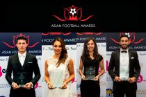 2017 Asian Football Awards winners Danny Batth, Seema Jaswal, Maya Vio and Easah Suliman (Photo courtesy: Asian Football Awards)