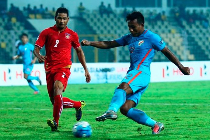 Indian national team striker Jeje Lalpekhlua in action against Myanmar in the AFC Asian Cup UAE 2019 Qualifiers. (Photo courtesy: AIFF Media)