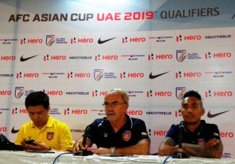 Myanmar coach Gerd Zeise at the AFC Asian Cup UAE 2019 Qualifier pre-match press conference in Goa. (Photo courtesy: AIFF Media)