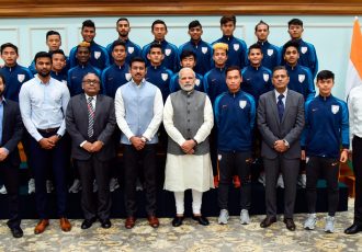 The Prime Minister, Shri Narendra Modi in a group photograph with the Indian U-17 national team that participated in FIFA U-17 World Cup India 2017, in New Delhi on November 10, 2017. (Photo courtesy: Press Information Bureau, Government of India)