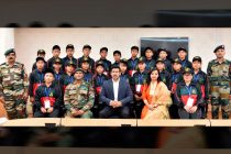 The Minister of State for Youth Affairs and Sports (I/C) and Information & Broadcasting, Col. Rajyavardhan Singh Rathore with a group of students from Manipur on a National Integration Tour, organised by the Assam Rifles, in New Delhi on February 22, 2018. (Photo courtesy: Press Information Bureau - Government of India)